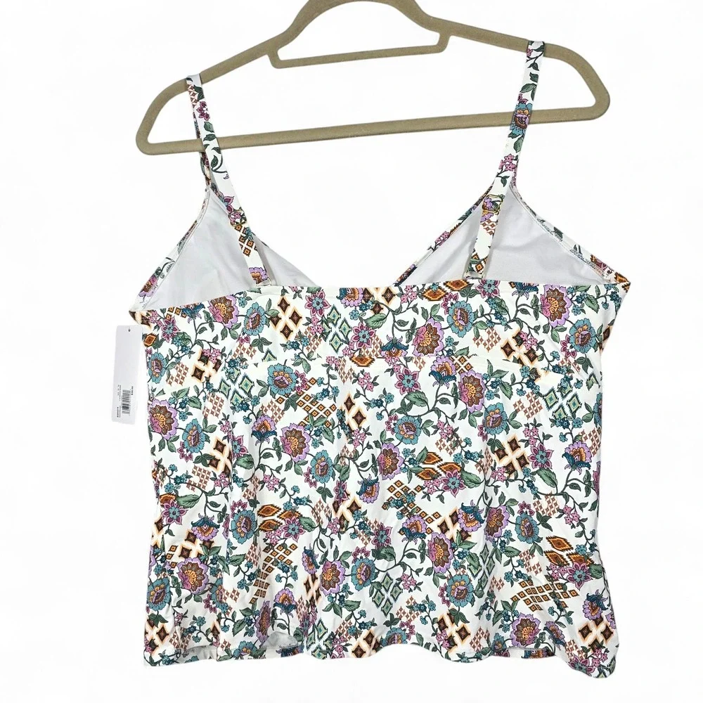 Freshwater Floral Tie Front Tankini Swim Top Plus Size 2X White Multi NEW